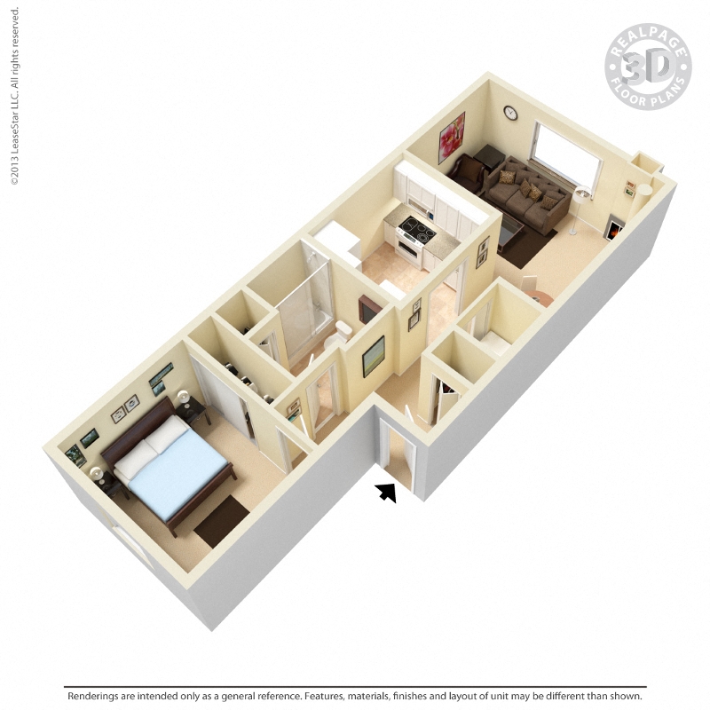 Floor plan for 1 bed, 1 bath, 582 sqft